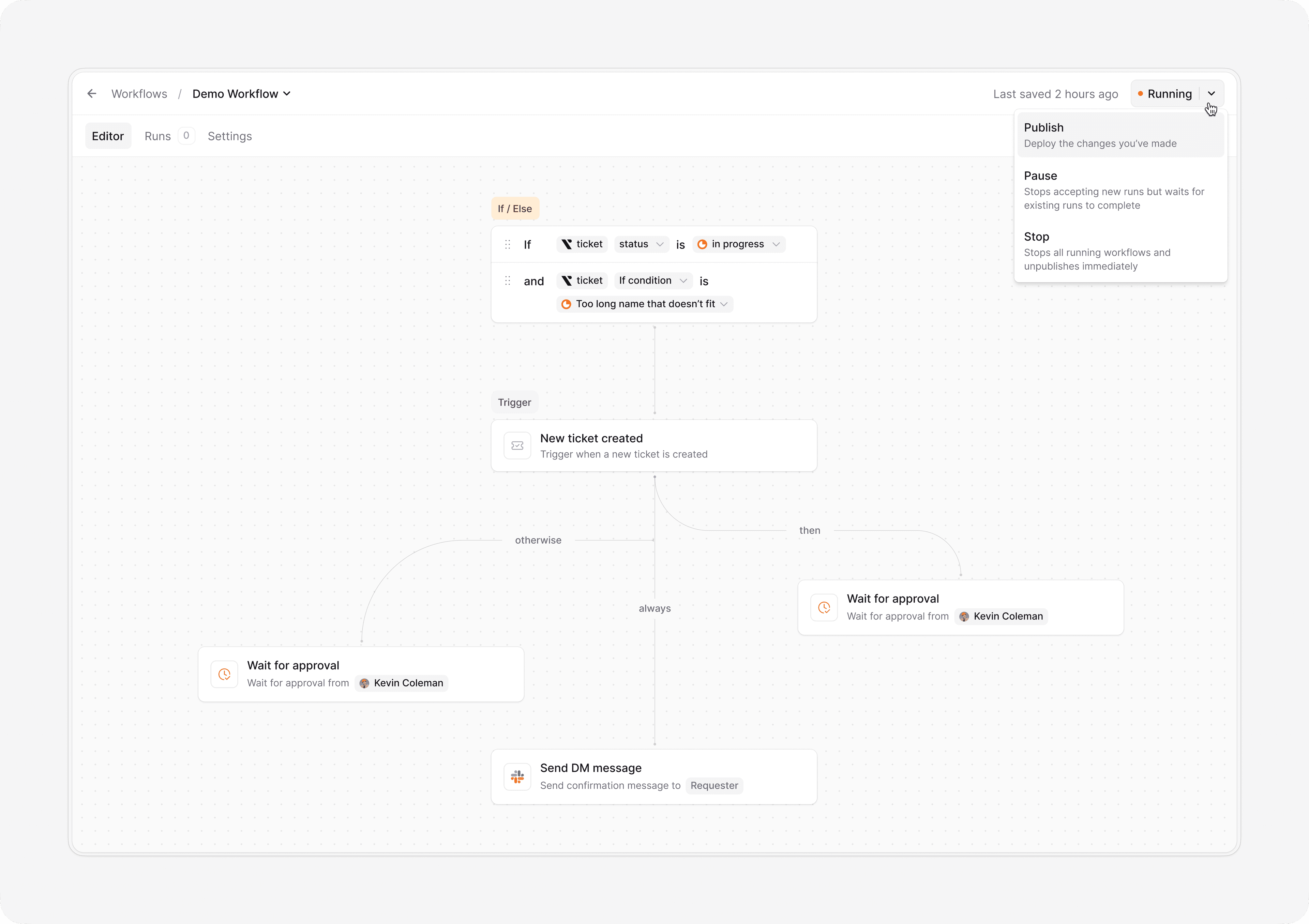 Ravenna workflow builder showing a ticket trigger, approval steps, and a Slack message action.